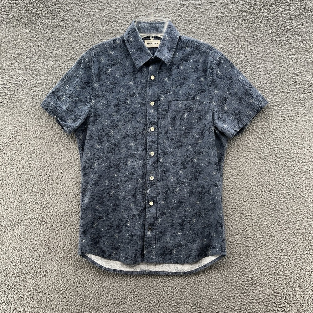 Taylor Stitch Shirt Men XS Blue Geo Print Slim Stretch Textured Cotton Button Up